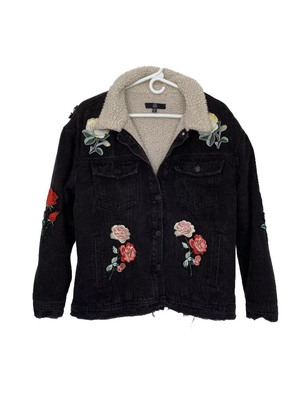 Missguided Jacket Womens 6 Distressed Black Denim Sherpa Lined Flower Goth Emo